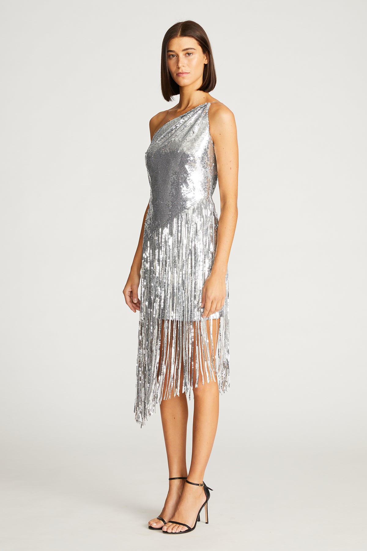 silver fringe hem dress Sequin Strapless Sweetheart Fringe Dress 52454