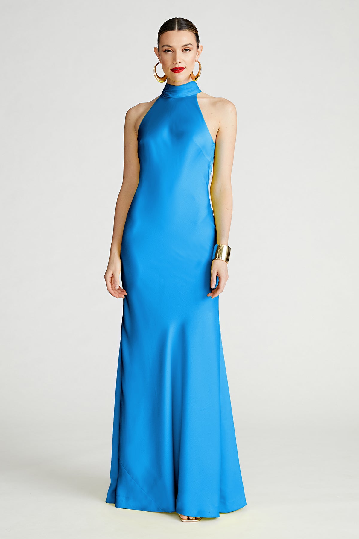blue i am gia dress A-line Satin Prom Dresses with Sleeves,High Neck Evening Dress,PD00381