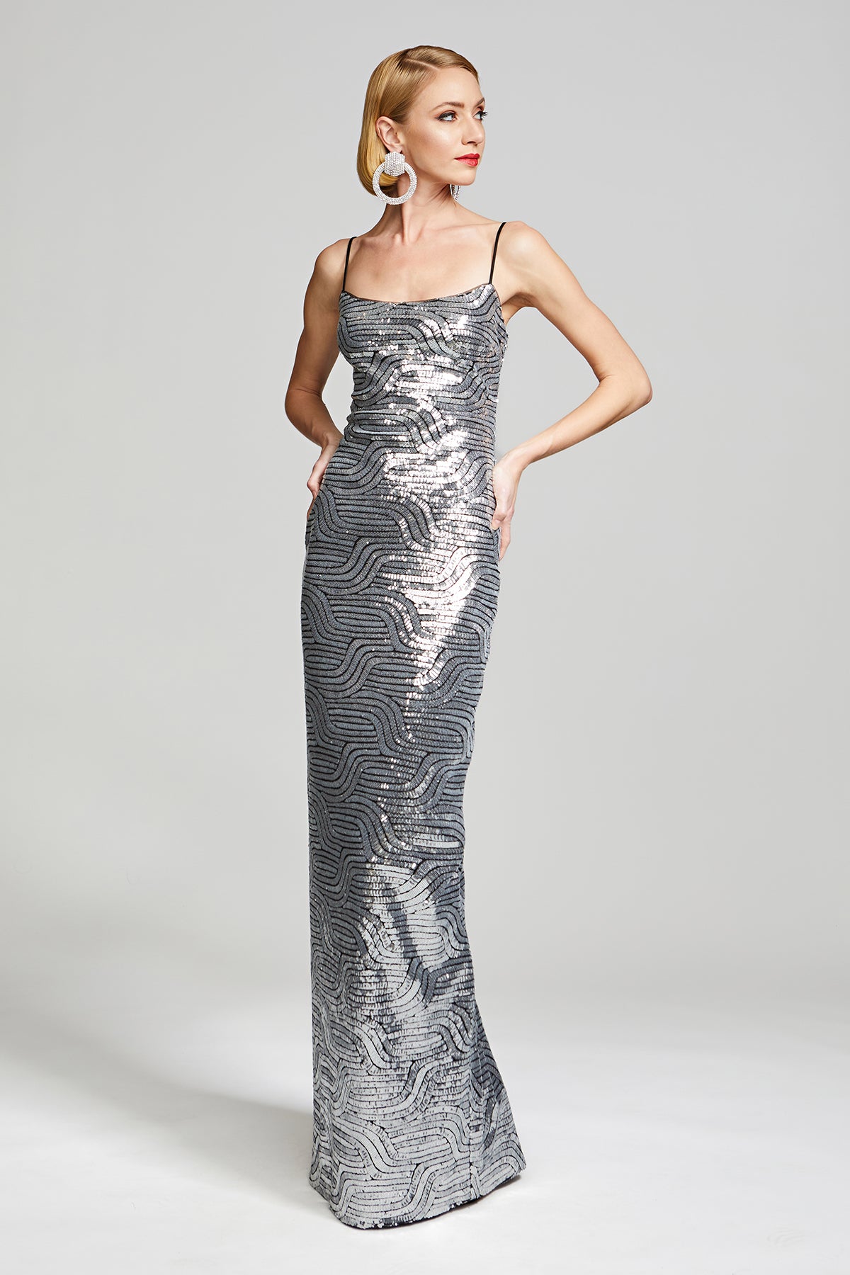 silver halston dress Reine Gown In Deco Sequin