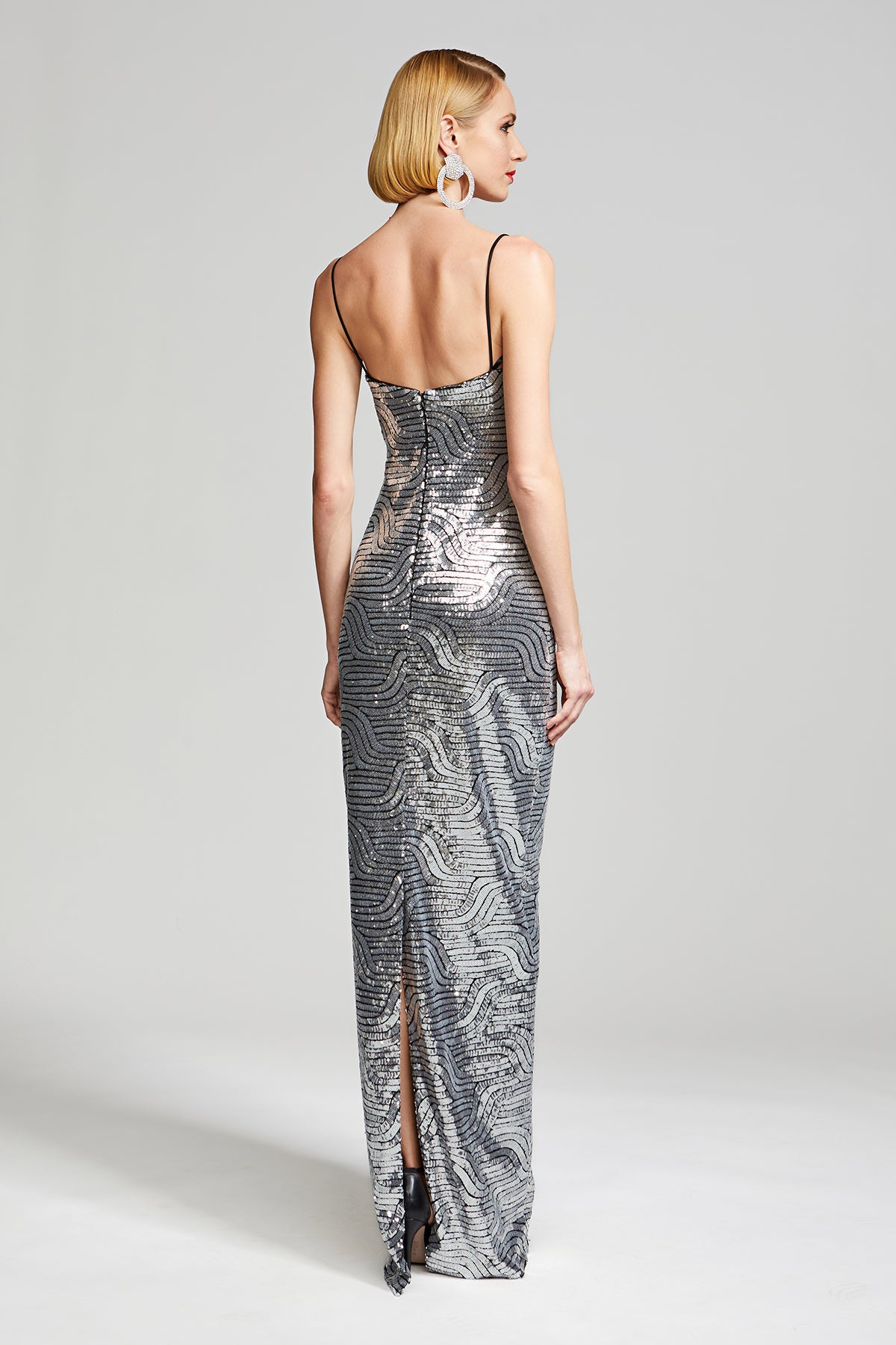 Halston popular Heritage Sequin Dress Flutter Drape Size 8 Silver