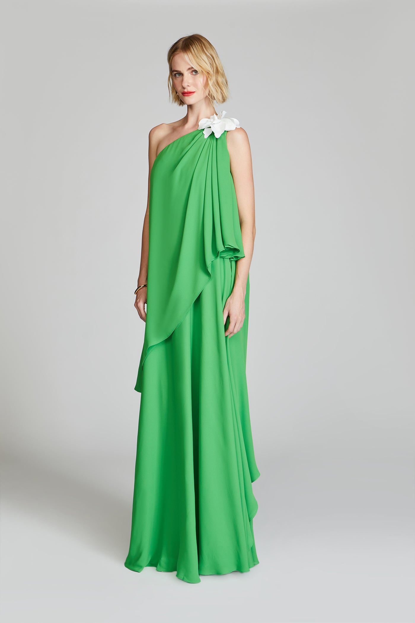 halston heritage green one shoulder dress Solena Georgette Gown