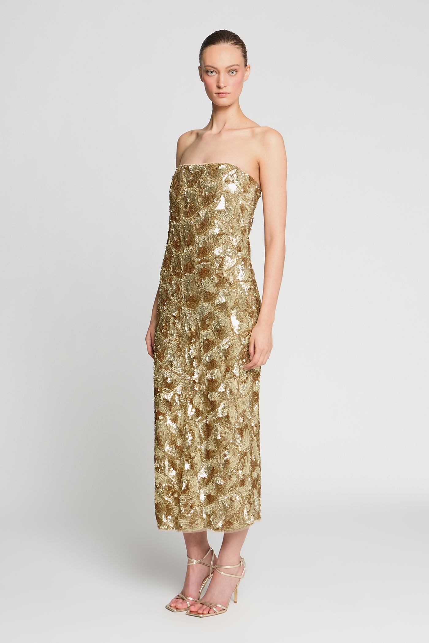 gold midi party dress Sigrid Beaded Midi Dress – Halston