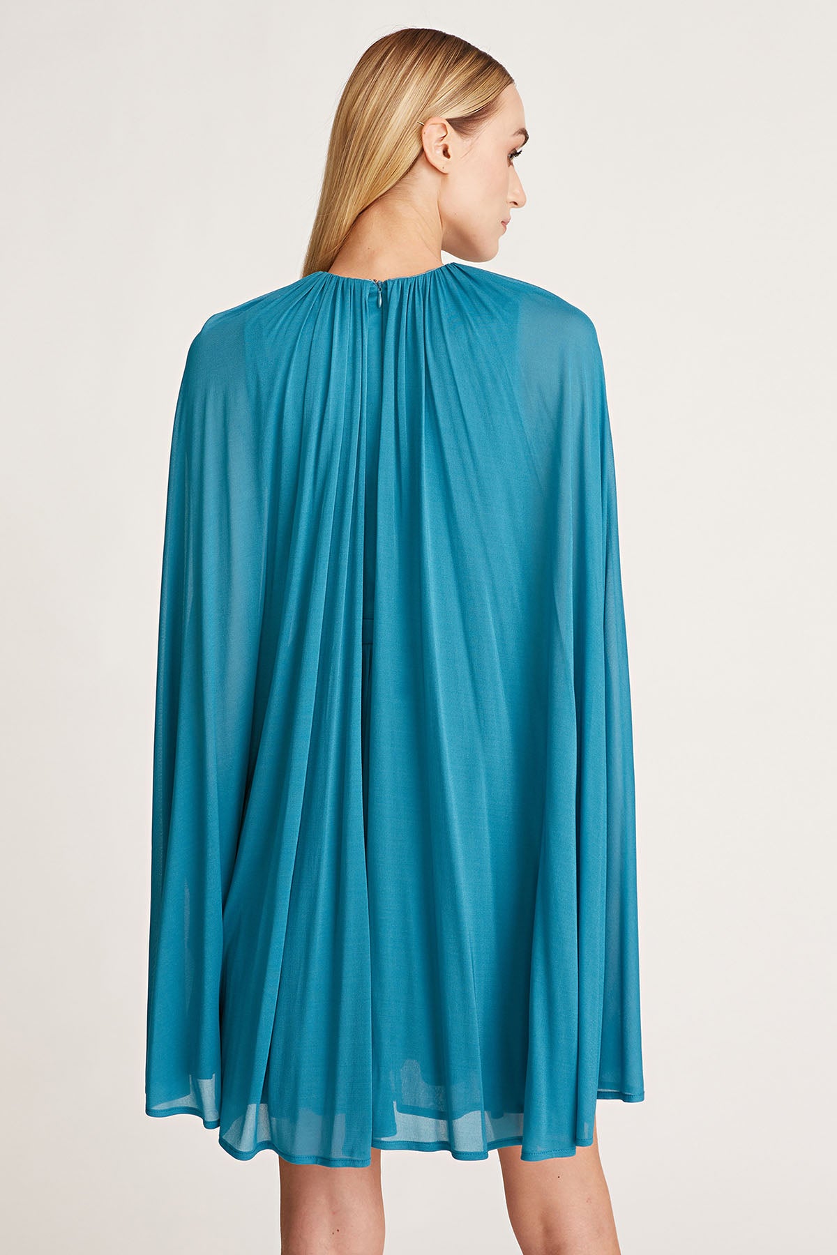pleated cape high neck shift dress Pleated Mock Neck Cape Dress