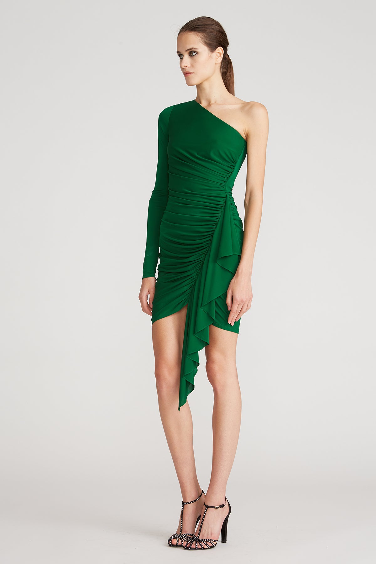 green emerald velvet dress Emerald Green One Shoulder Ruched Maxi Dress main image 1