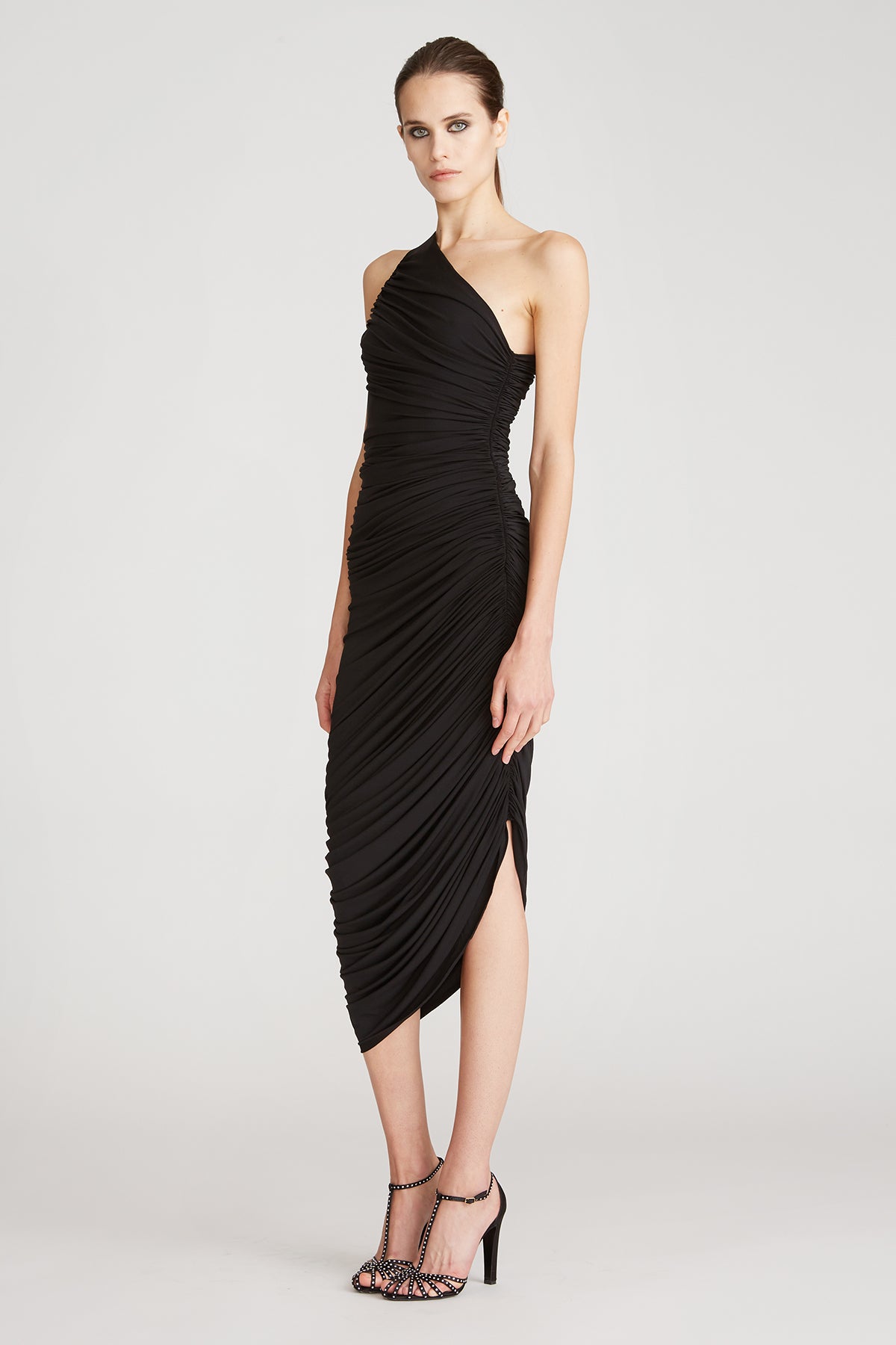 halston asymmetrical dress Draped Asymmetric Sleeve Midi Dress
