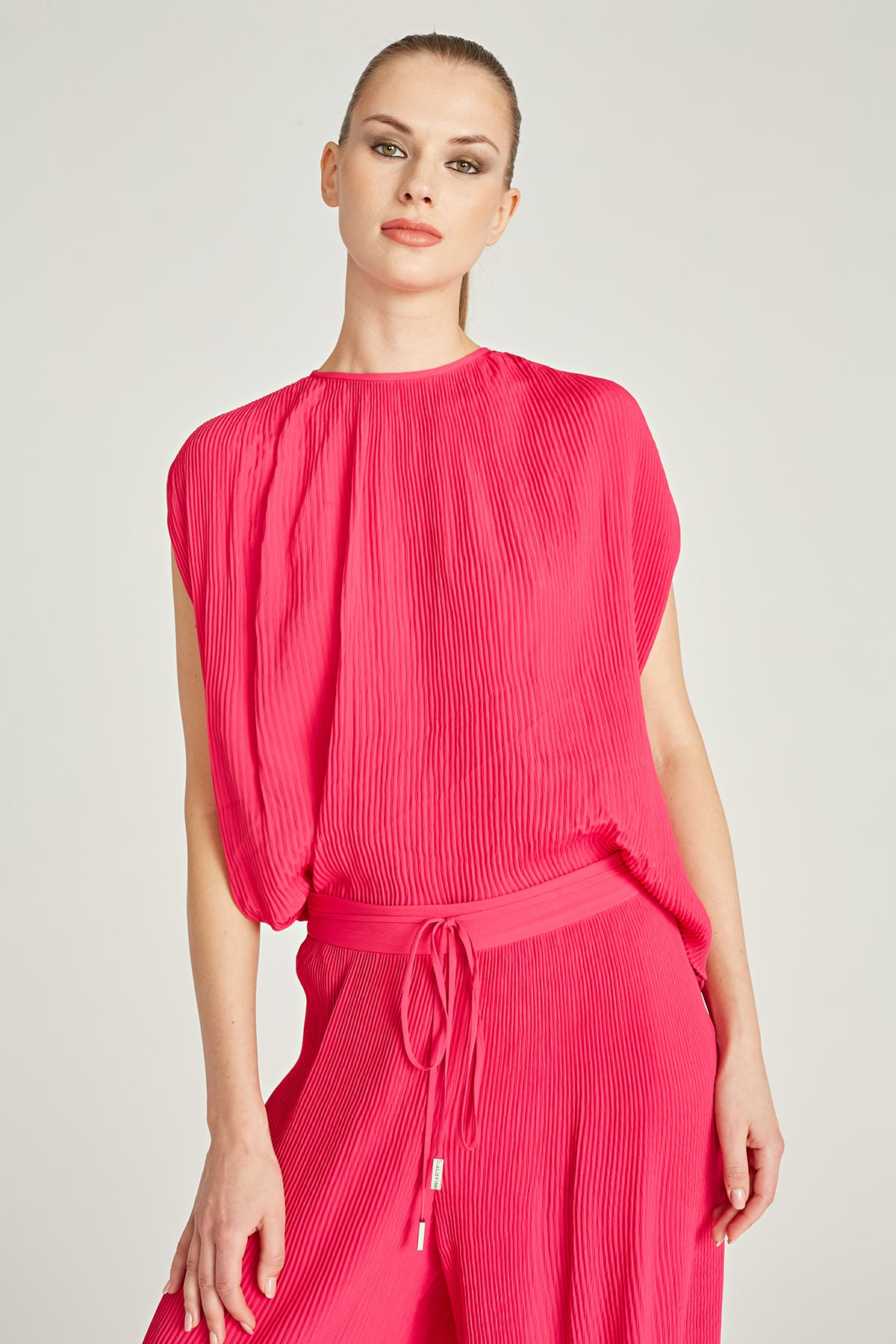 Halston Aerin Pleated Crepeone Top Fuchsia