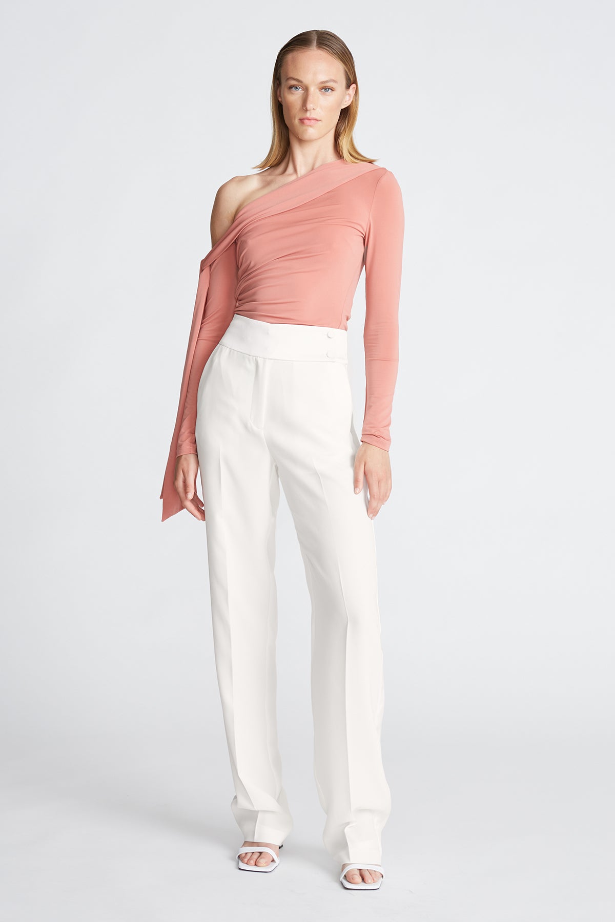 Halston High Waisted Wide Leg Trousers in White