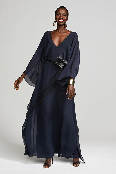 Halston Clothing Halston Caftan 1978 Halston Couture Dark Green Velvet  Ivory Silk Ruffle Gown
