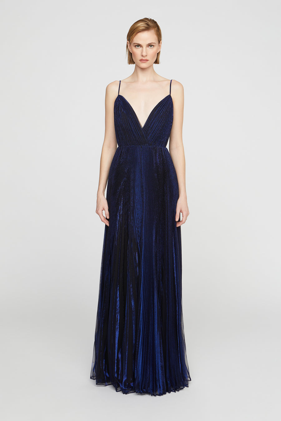 Navy blue evening gown on a white background