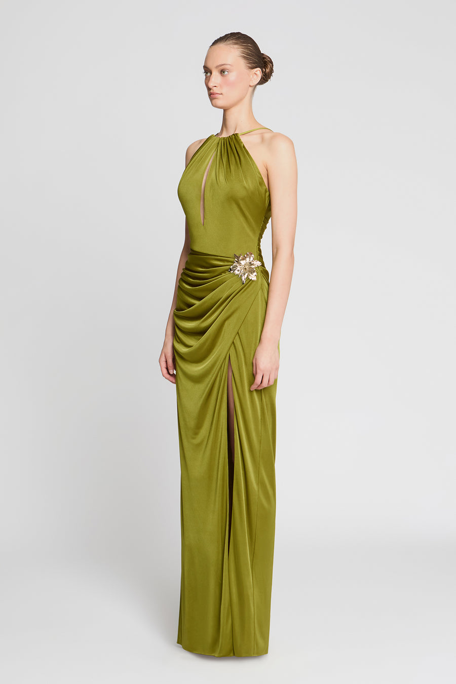 elin satin evening dress The Elin Dress A gold crepe satin gown with an asymmetric one-shoulder neckline and fitted waist, finished with a floor-length silhouette and draped ruffled scarf