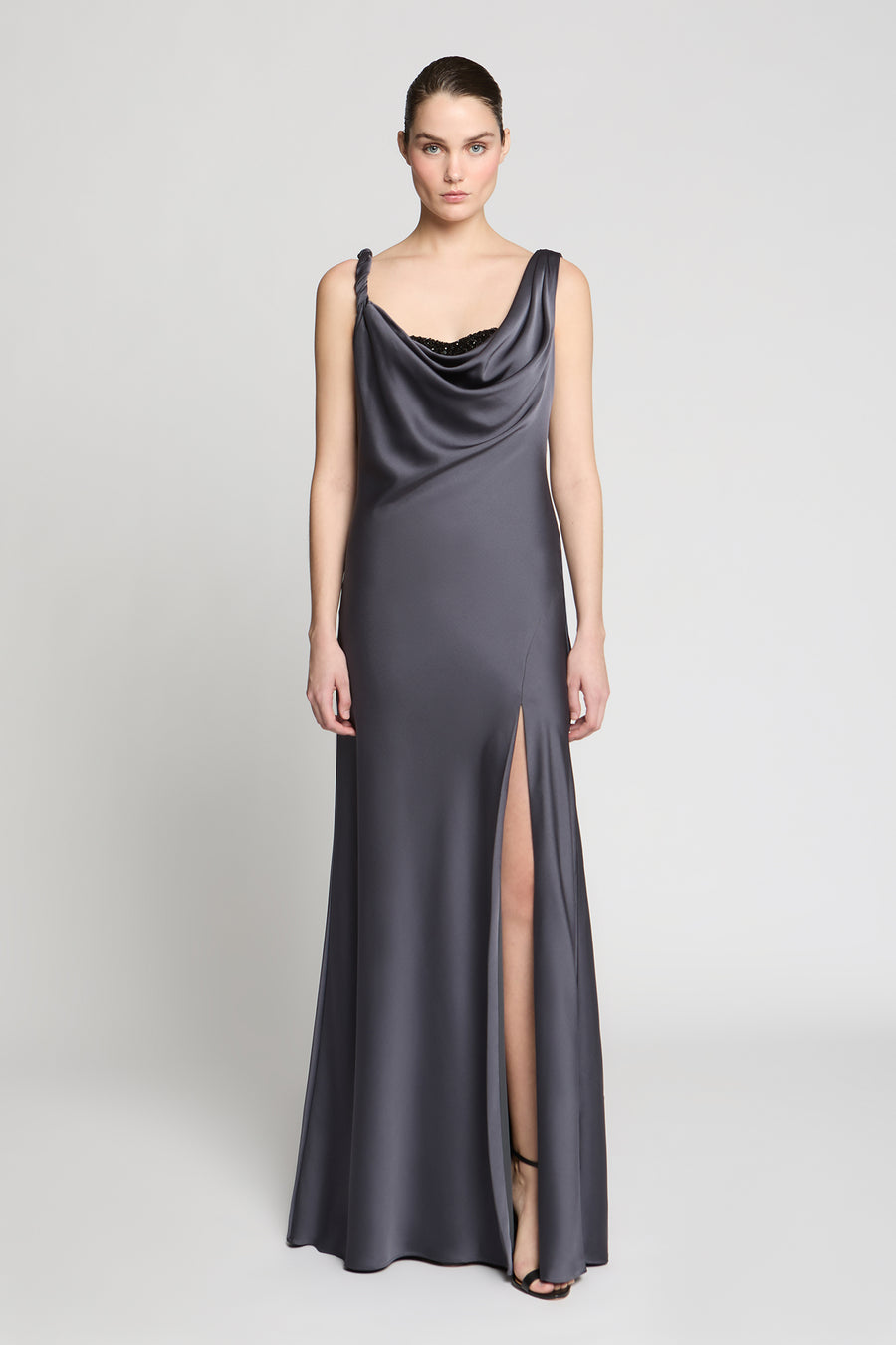 grey crepe dress Grey crepe dress with an embroidered neckline By Jean Louis Sabaji Elilhaam