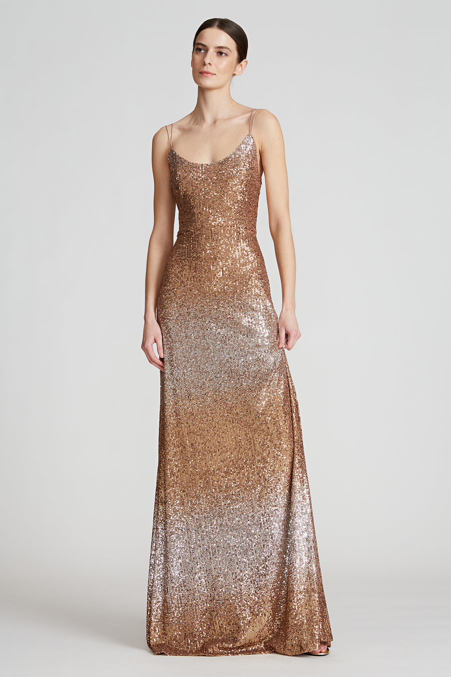 Halston Norah Ombre Sequin Gown Camel/ Silver