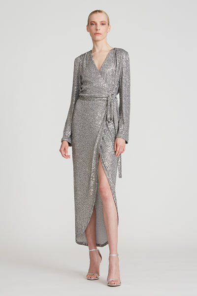 silver long sleeve wrap dress Sequined Lurex Long Sleeve Wrap Midi Dress - Silver