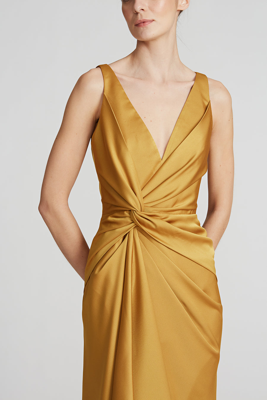 Halston - Reilly Satin Twist Dress - Gold Halston - Reilly Satin Twist Dress - Gold