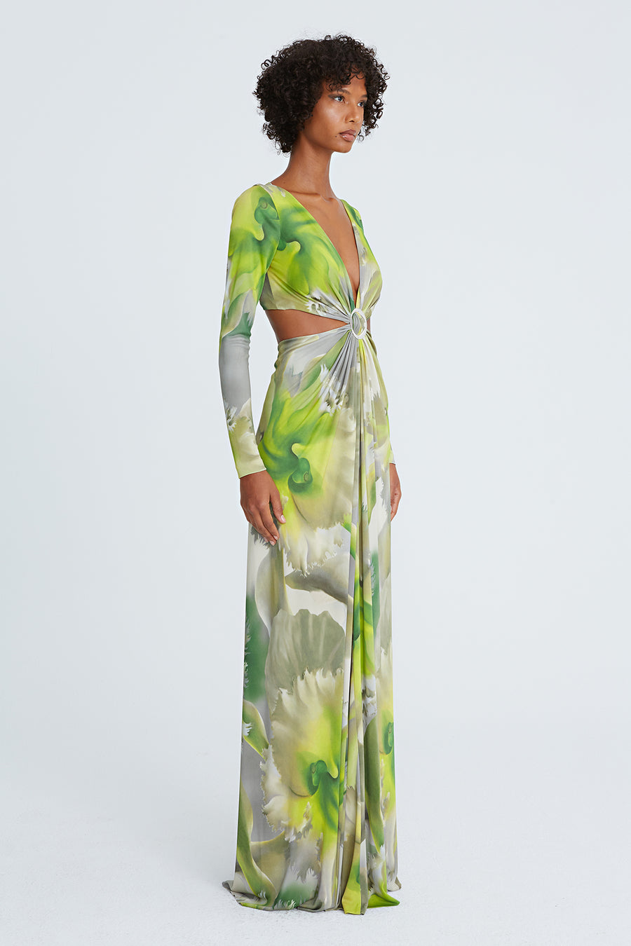 Jen Jersey V-Neck Draped Gown 0 / Tropical Orchid Print Jen Jersey V-Neck Draped Gown 0 / Tropical Orchid Print