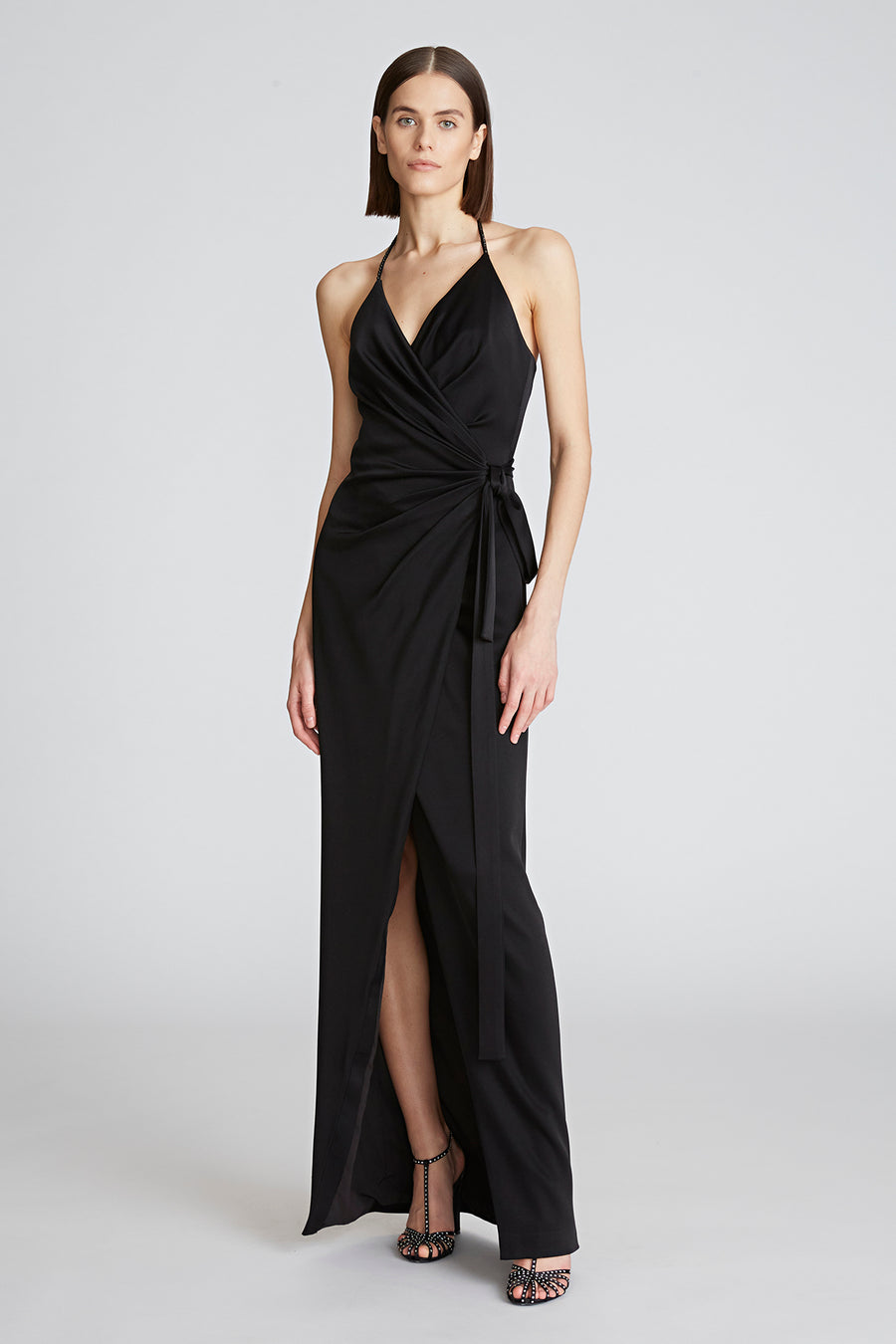 satin back crepe dress B263070 Elegant Crepe Back Charmeuse A-line Gown with Cowl Draped Neckline and Dramatic Low Scoop Back
