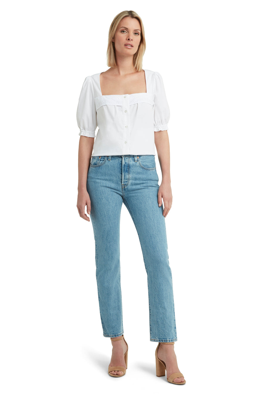 Button Front Blouse in Stretch Poplin