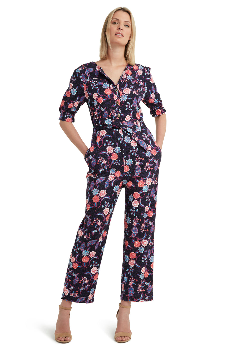 Belted Button Front Jumpsuit in Twill