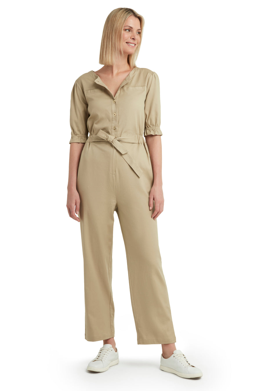 Belted Button Front Jumpsuit in Twill