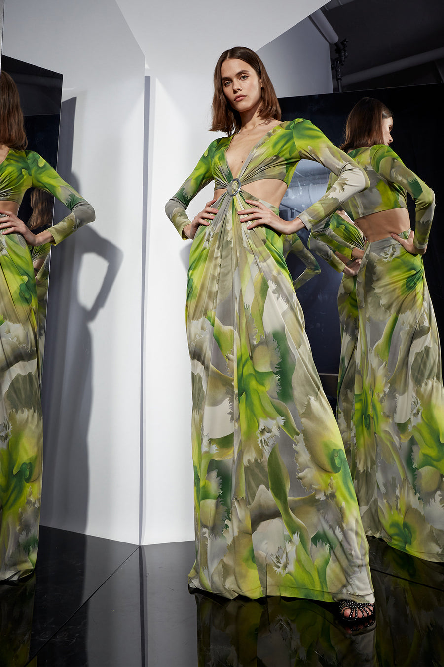 Jen Jersey V-Neck Draped Gown 0 / Tropical Orchid Print Jen Jersey V-Neck Draped Gown 0 / Tropical Orchid Print